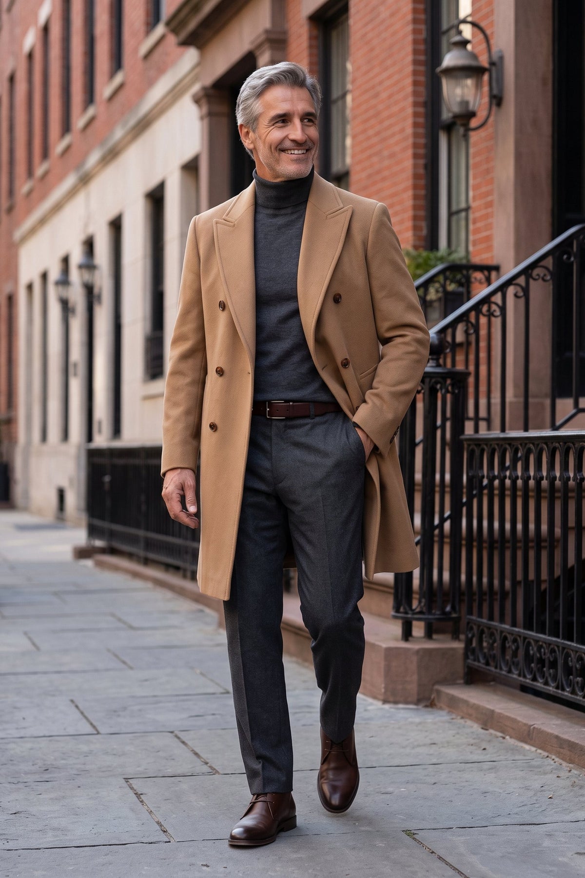 Men's Double-Breasted Coat | Peak Lapel — Khaki — lifestyle — on model