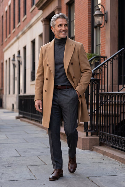 Men's Double-Breasted Coat | Peak Lapel — Khaki — lifestyle — on model