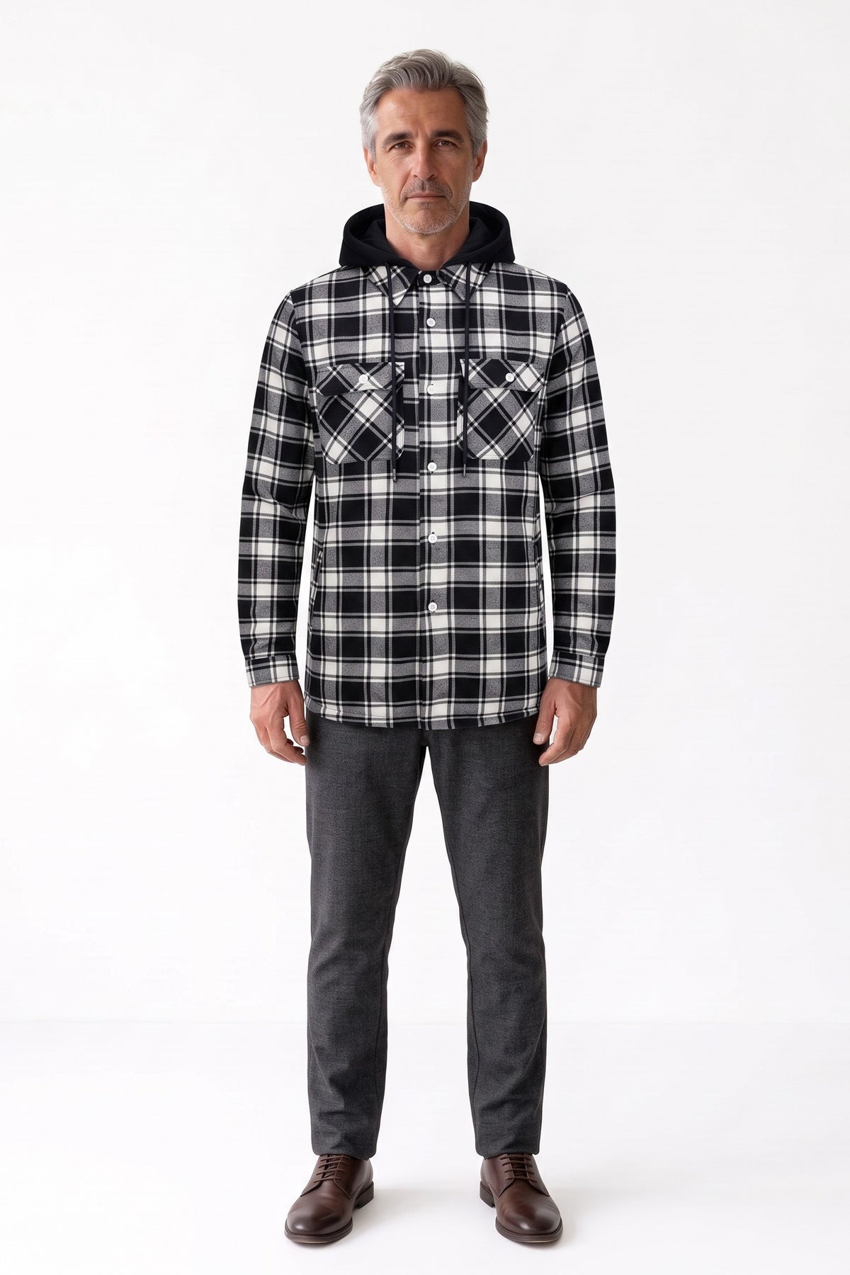 Men's Flannel Jacket | Hooded Design — Black — front view — on model