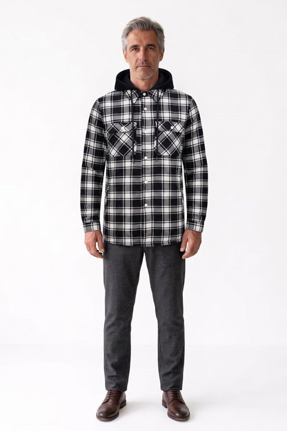 Men's Flannel Jacket | Hooded Design — Black — front view — on model