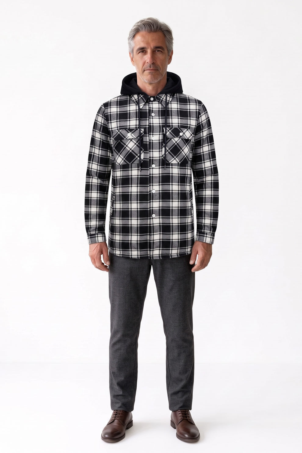 Men's Flannel Jacket | Hooded Design — Black — front view — on model