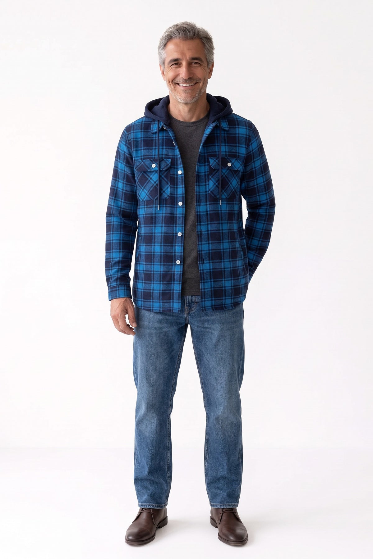 Men's Flannel Jacket | Hooded Design — Blue — front view — on model