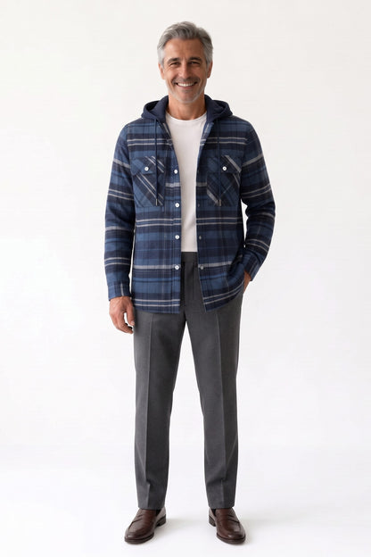Men's Flannel Jacket | Hooded Design — Dark Blue — front view — on model