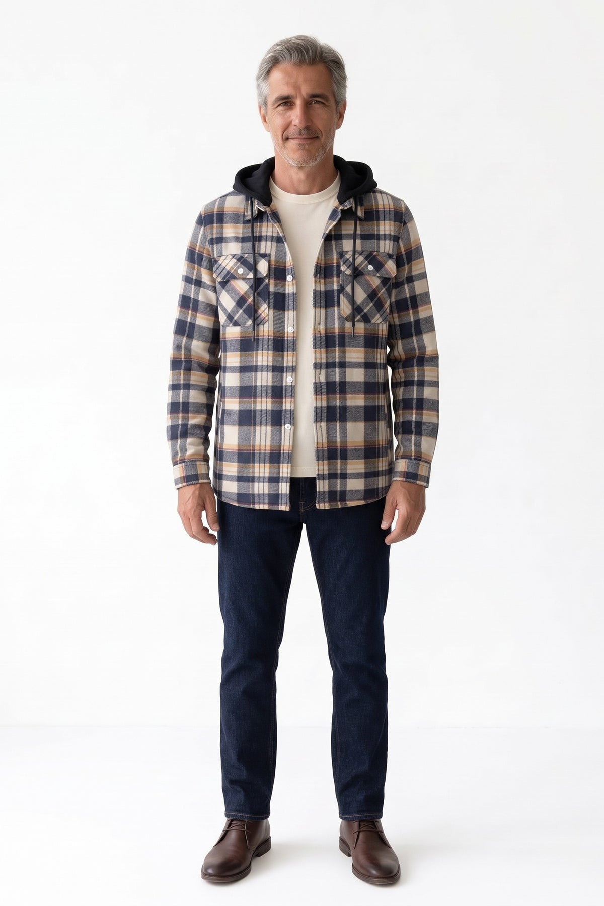 Men's Flannel Jacket | Hooded Design — Grey — front view — on model