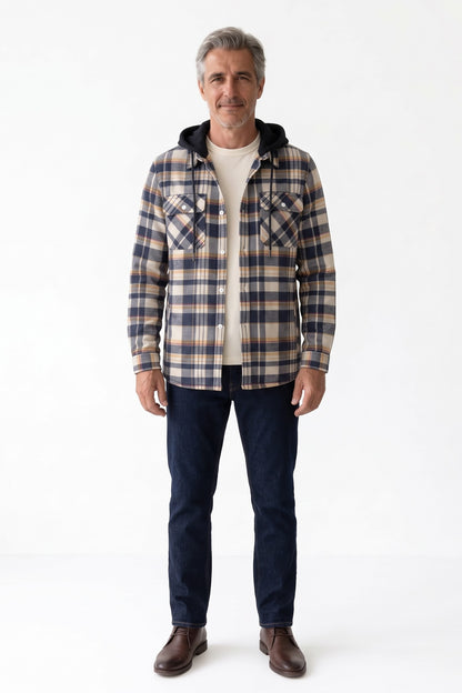 Men's Flannel Jacket | Hooded Design — Grey — front view — on model