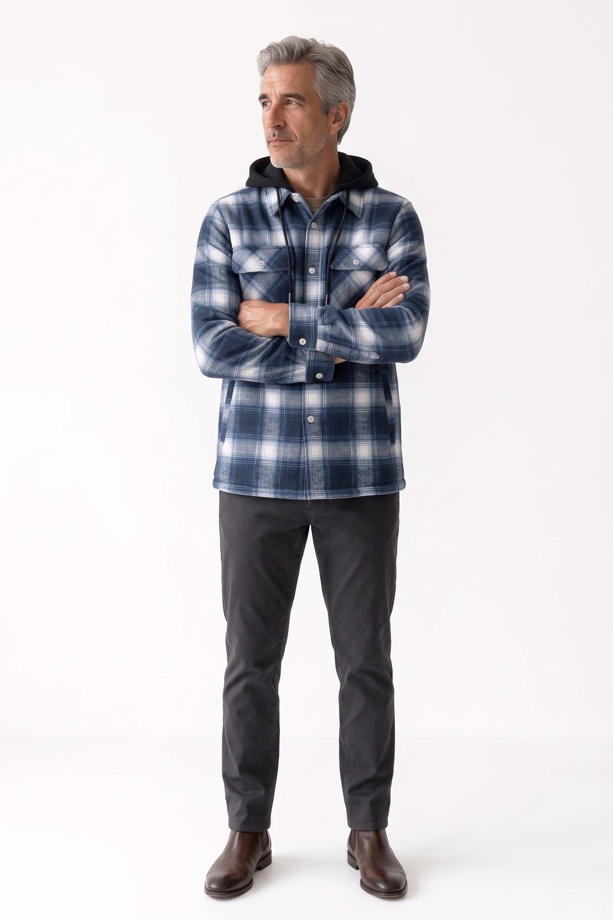 Men's Flannel Jacket | Hooded Design — Light Blue — front view — on model