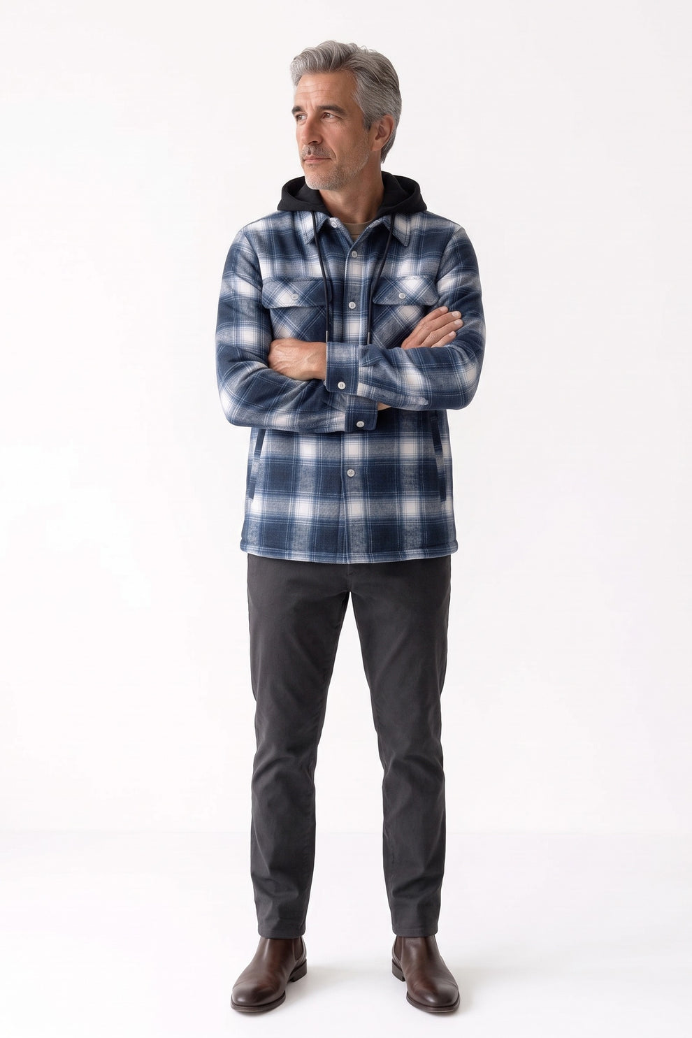 Men's Flannel Jacket | Hooded Design — Light Blue — front view — on model