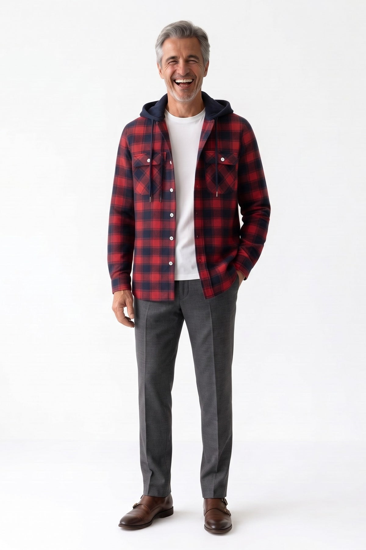 Men's Flannel Jacket | Hooded Design — Red — front view — on model