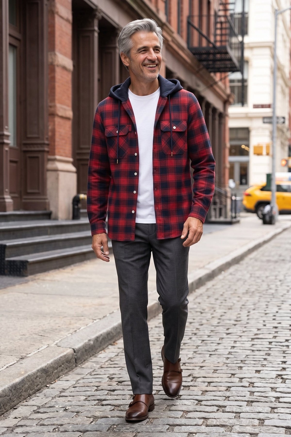 Men's Flannel Jacket | Hooded Design — Red — lifestyle — on model