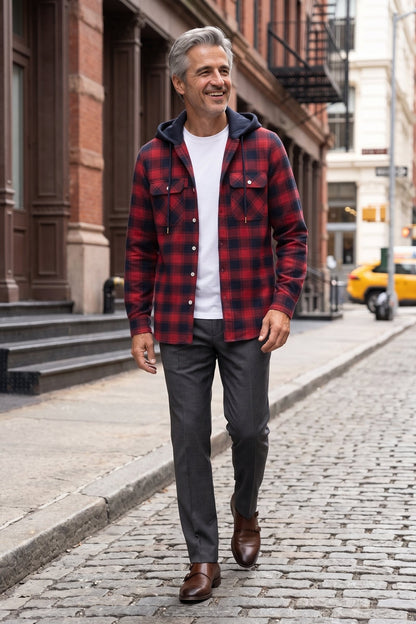 Men's Flannel Jacket | Hooded Design — Red — lifestyle — on model