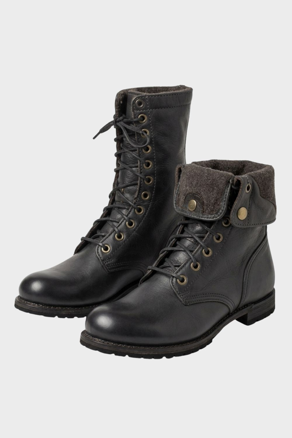 Men's black lace-up combat boots with foldover cuff and lugged sole