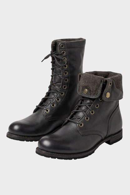 Men's black lace-up combat boots with foldover cuff and lugged sole