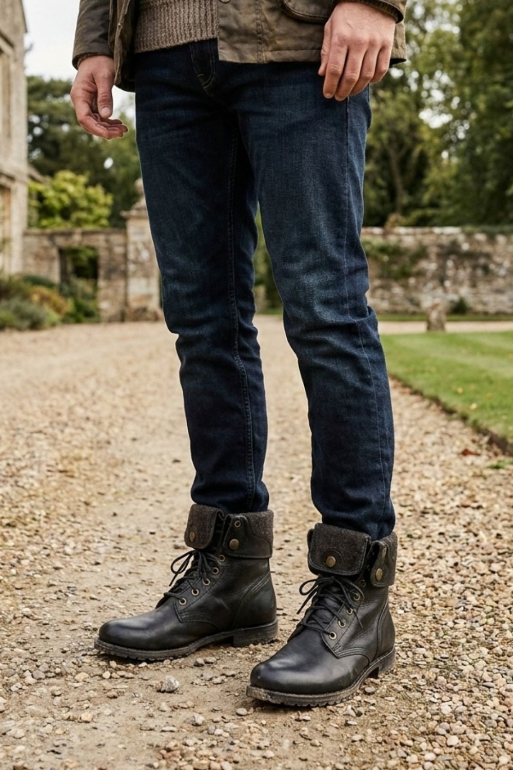 Men's black combat boots styled with jeans for fall and winter
