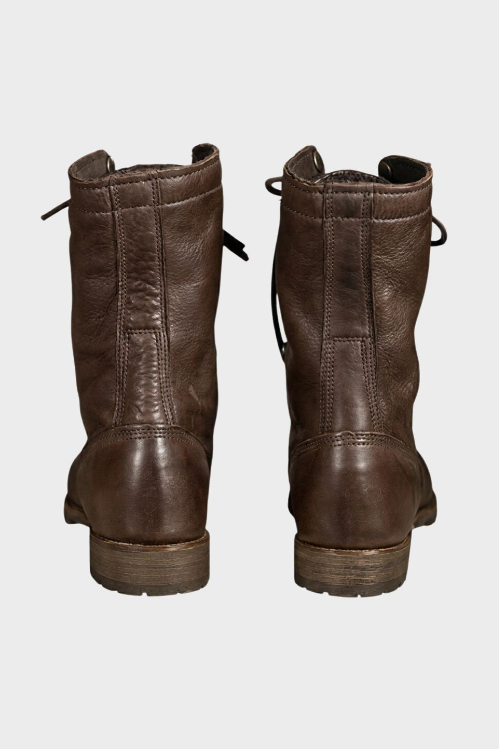 Men's foldover combat boots, back view with block heel