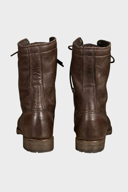 Men's foldover combat boots, back view with block heel