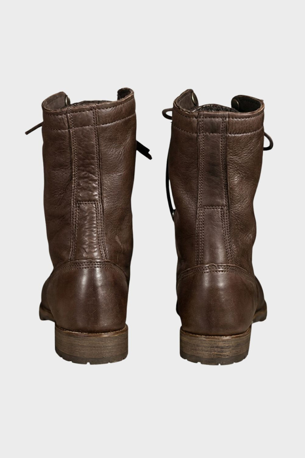 Men's foldover combat boots, back view with block heel