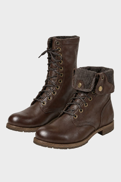 Men's dark brown lace-up combat boots with foldover cuff
