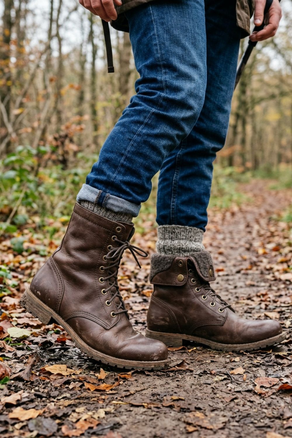 Men's dark brown combat boots worn with jeans