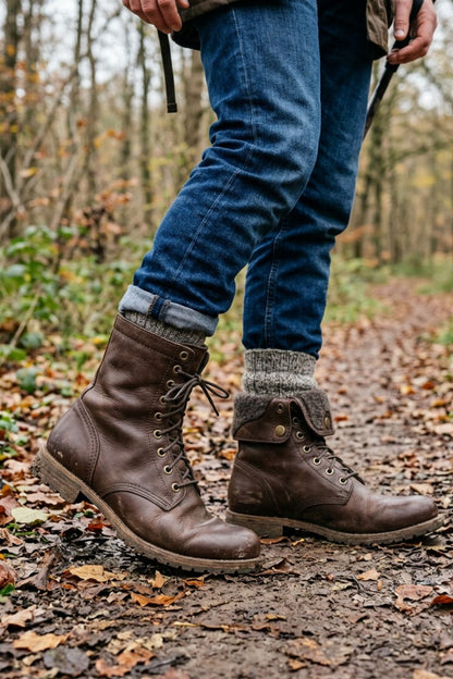 Men's dark brown combat boots worn with jeans