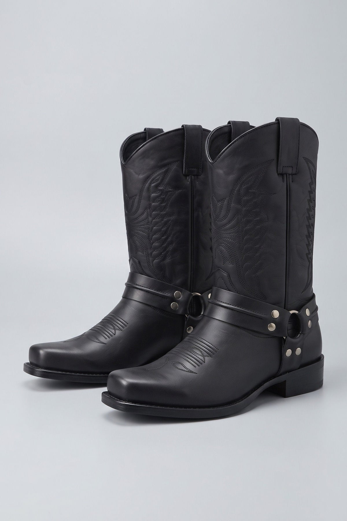 Men's black harness boots with square toe and stacked block heel