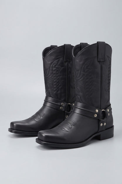 Men's black harness boots with square toe and stacked block heel