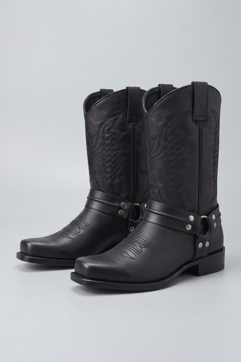 Men's black harness boots with square toe and stacked block heel