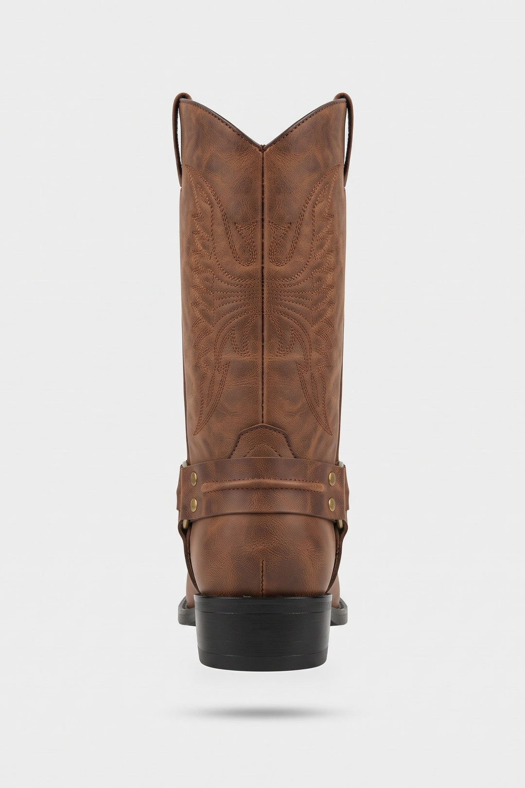 Men's brown harness boots, back view with pull tabs