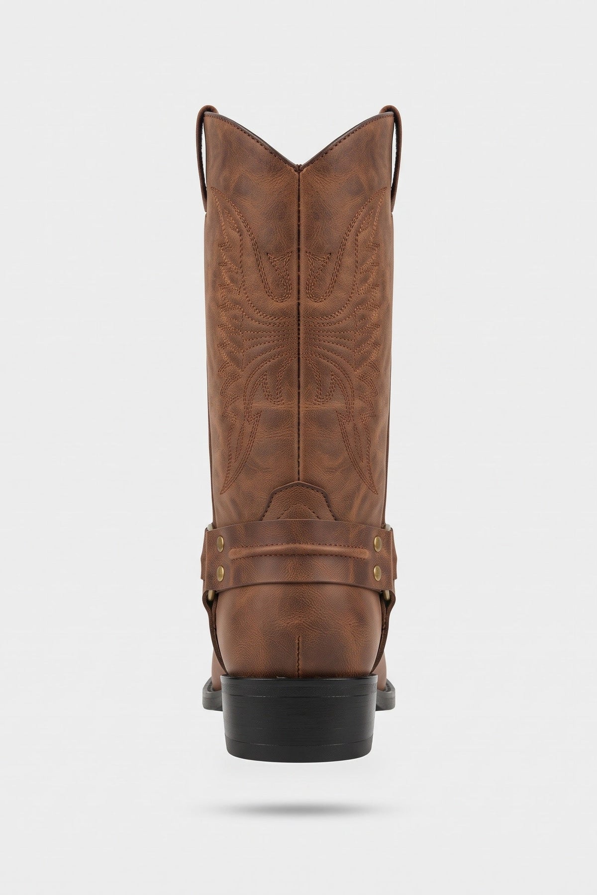 Men's brown harness boots, back view with pull tabs
