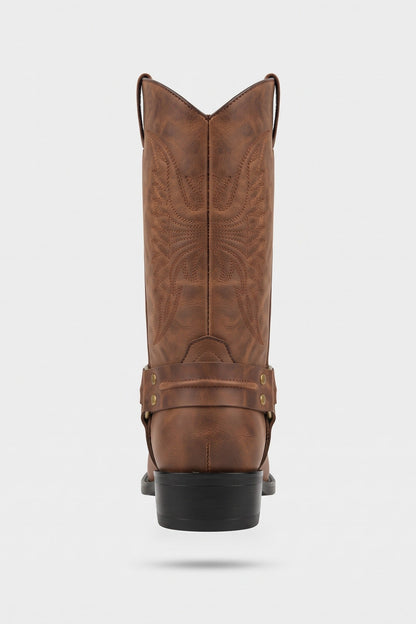 Men's brown harness boots, back view with pull tabs
