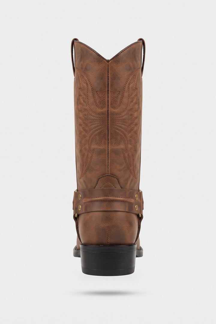 Men's brown harness boots, back view with pull tabs