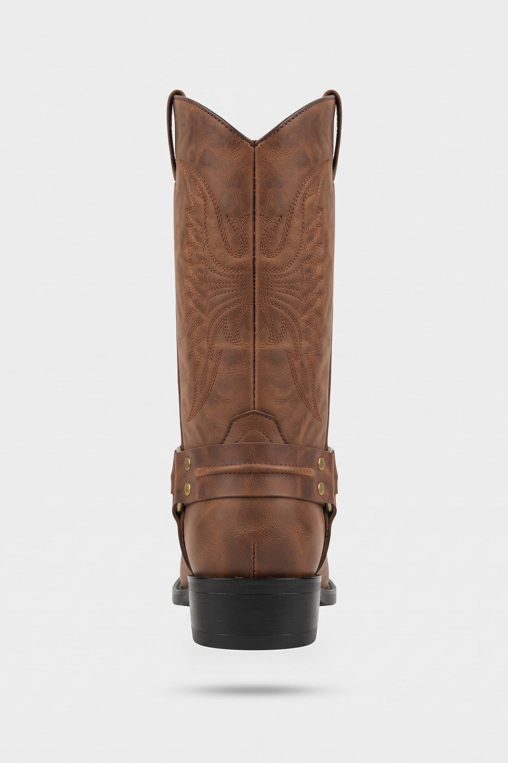 Men's brown harness boots, back view with pull tabs