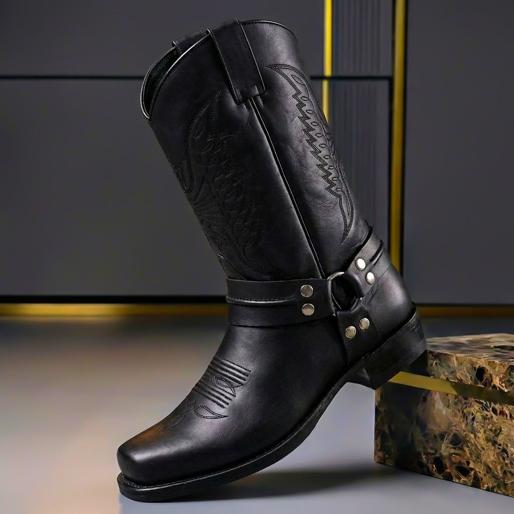 Men's harness boots with western stitching along the shaft