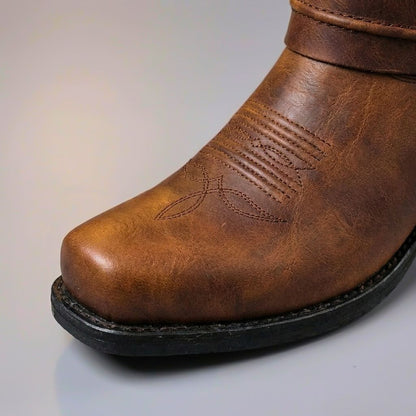 Men's square toe harness boots on a stacked block heel