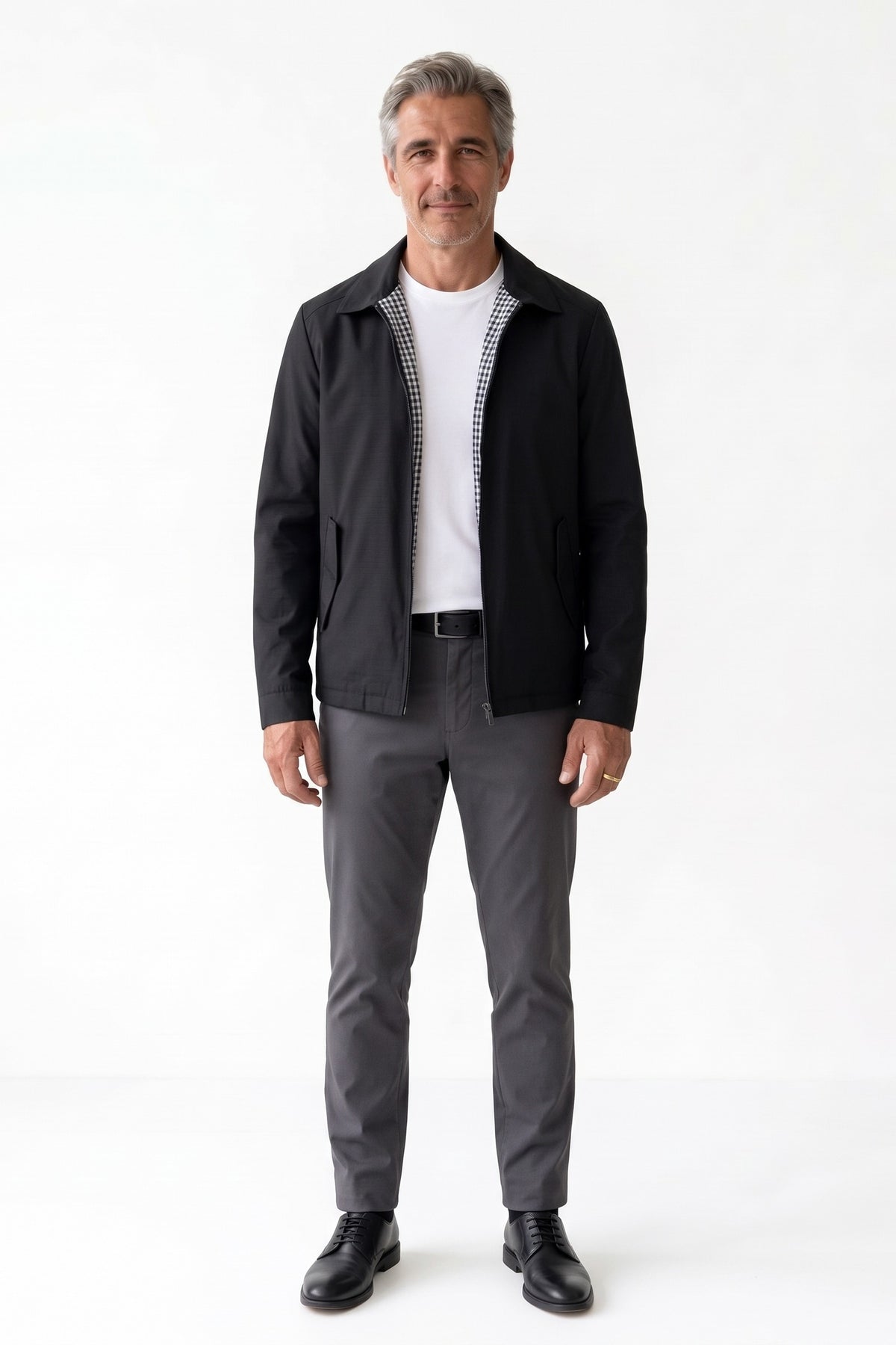 Men's Harrington Jacket | Spread Collar — Black — front view — on model