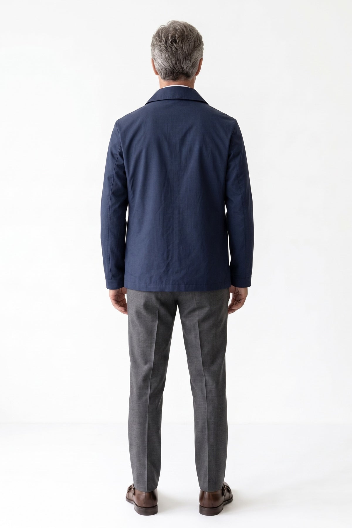 Men's Harrington Jacket | Spread Collar — Navy — back view — on model