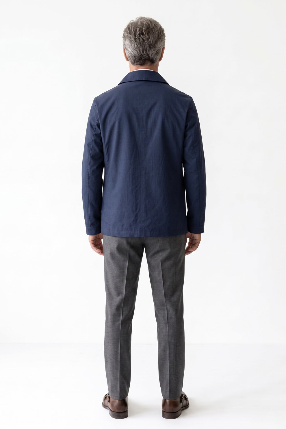 Men's Harrington Jacket | Spread Collar — Navy — back view — on model