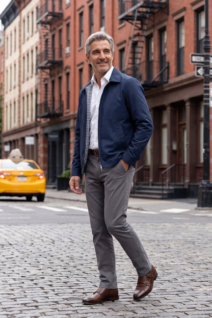 Men's Harrington Jacket | Spread Collar — Navy — lifestyle — on model
