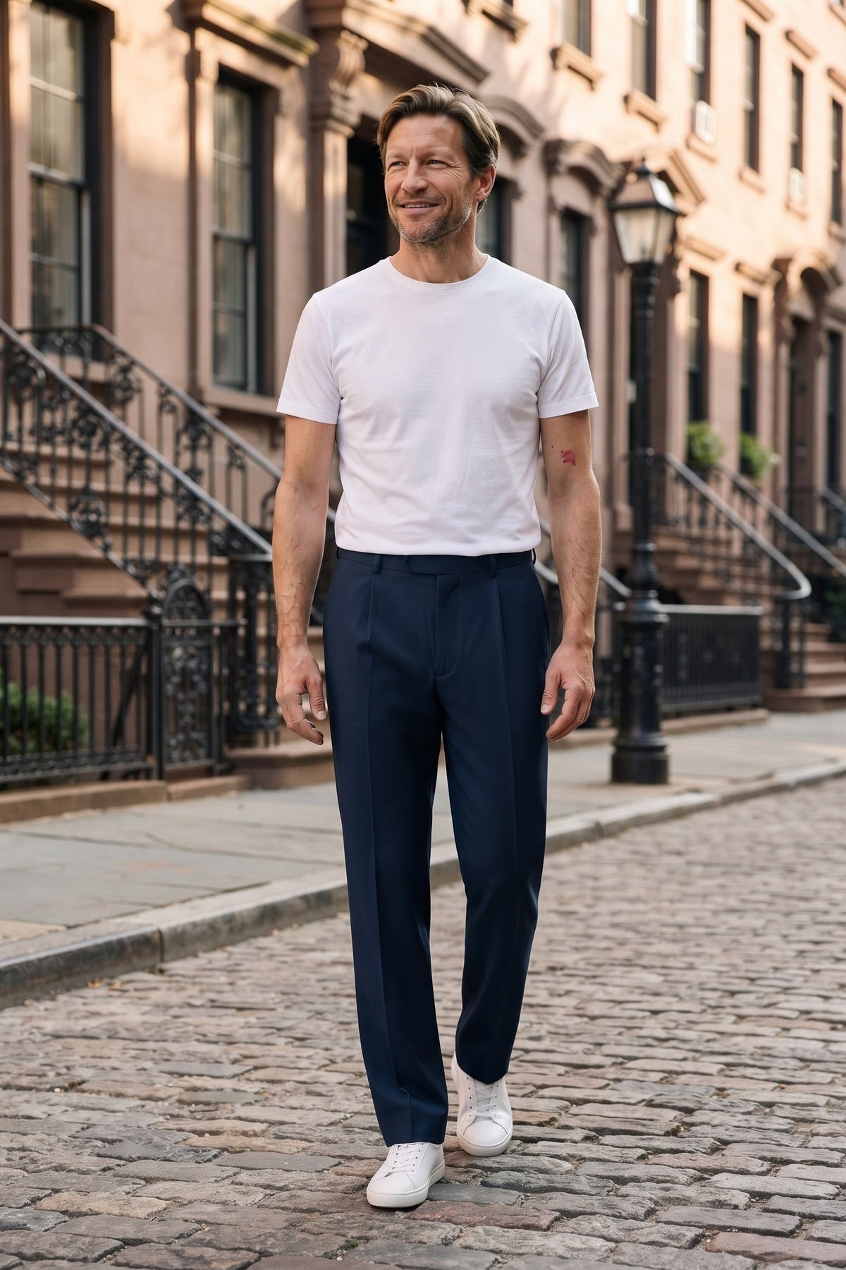 Men's High-Waist Suit Trousers | Wide Leg — Navy Blue — lifestyle — on model