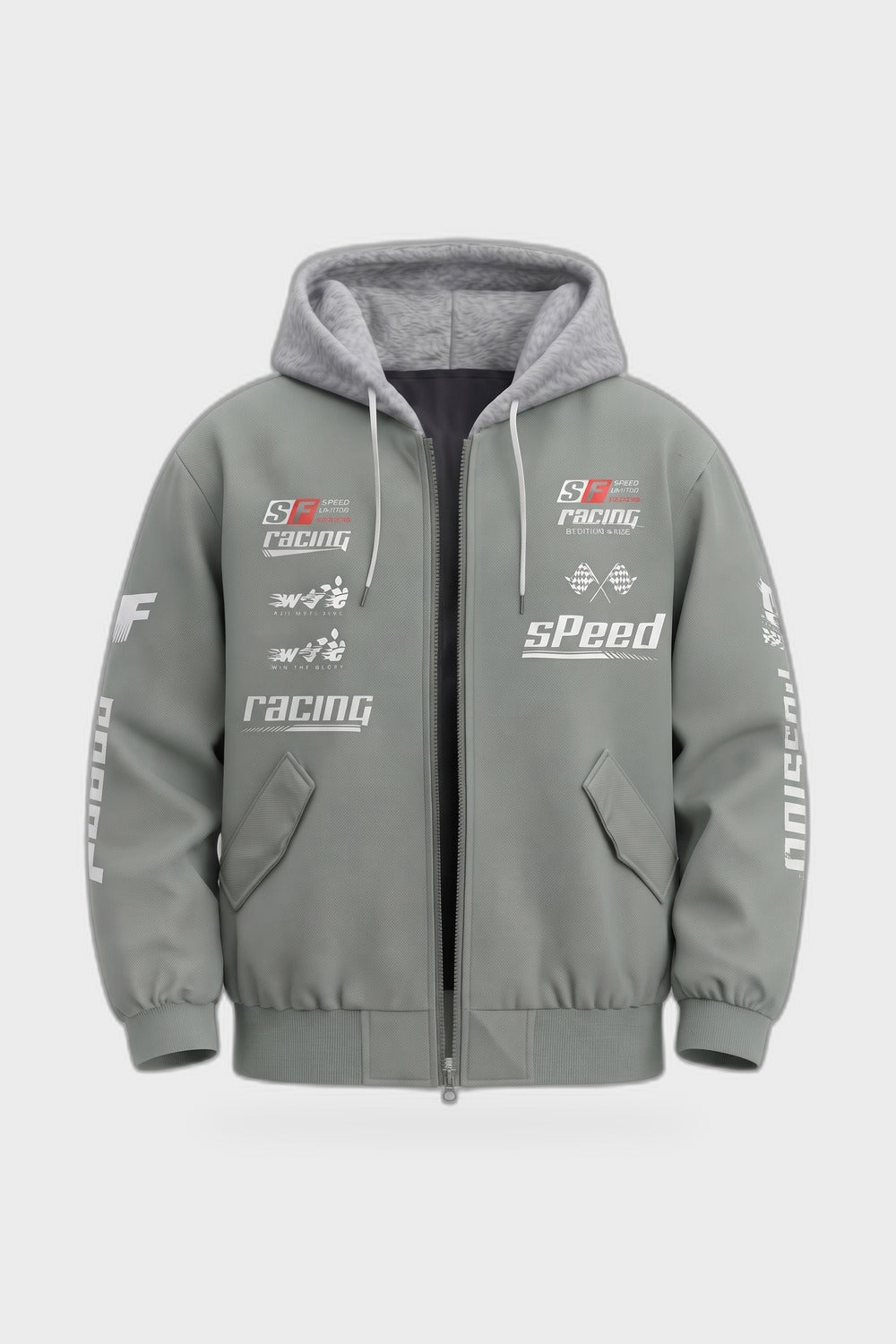 Men's hooded bomber jacket with racing graphic print and ribbed cuffs – 11
