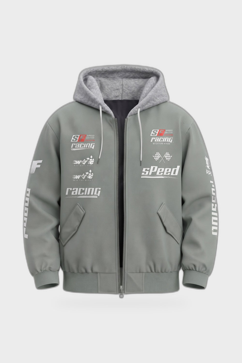 Men's hooded bomber jacket with racing graphic print and ribbed cuffs – 11