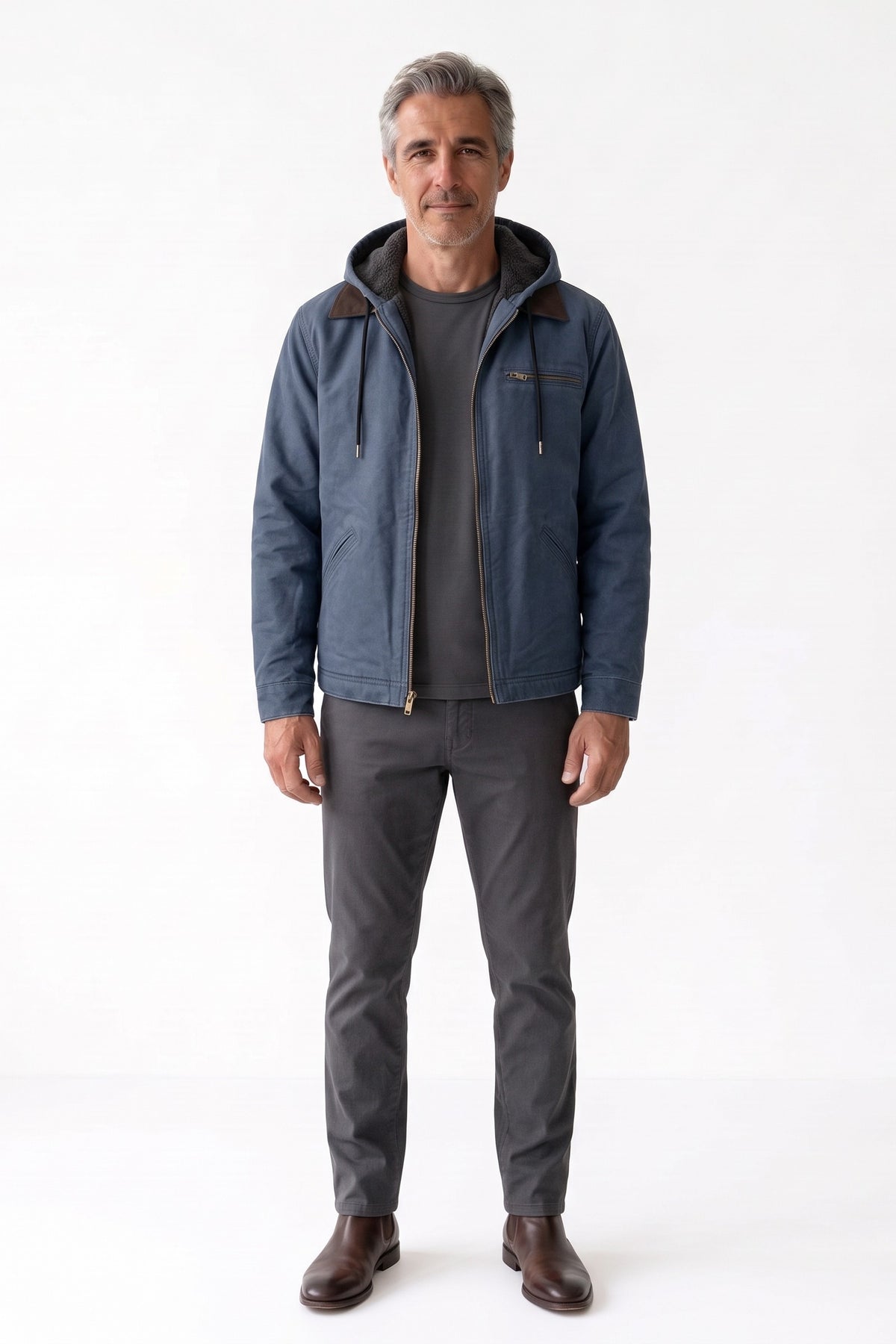 Men's Hooded Canvas Jacket | Front Zip — Blue — front view — on model