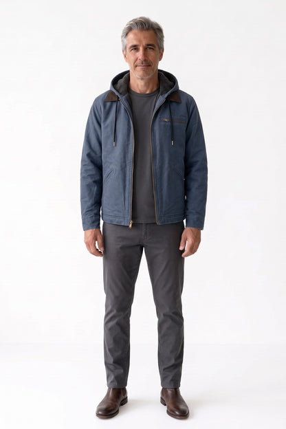Men's Hooded Canvas Jacket | Front Zip — Blue — front view — on model