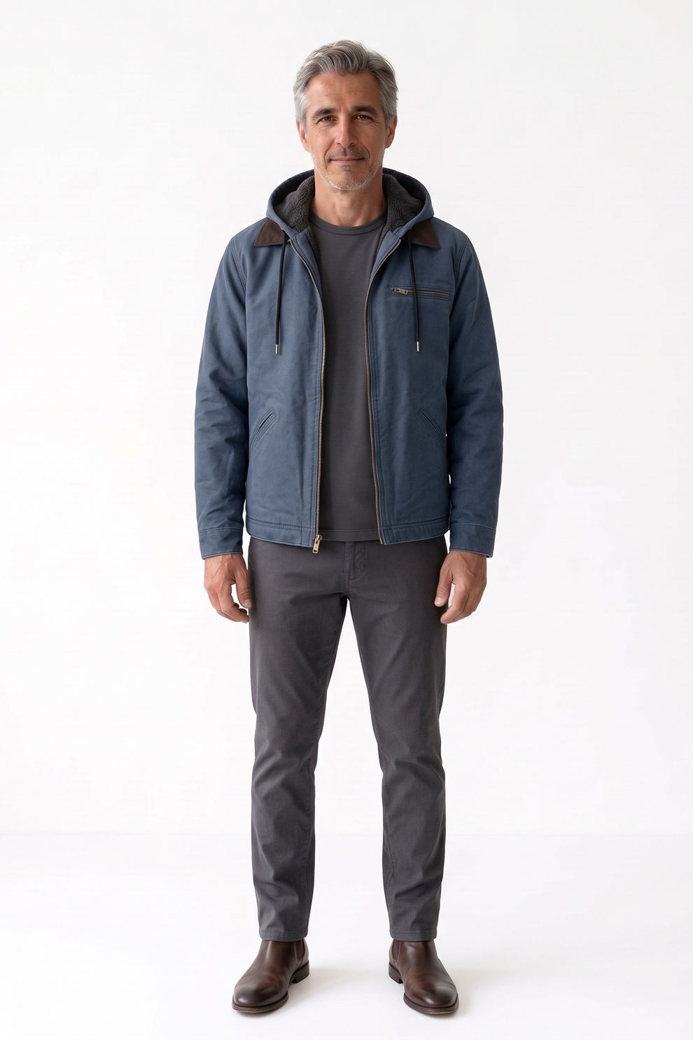 Men's Hooded Canvas Jacket | Front Zip — Blue — front view — on model