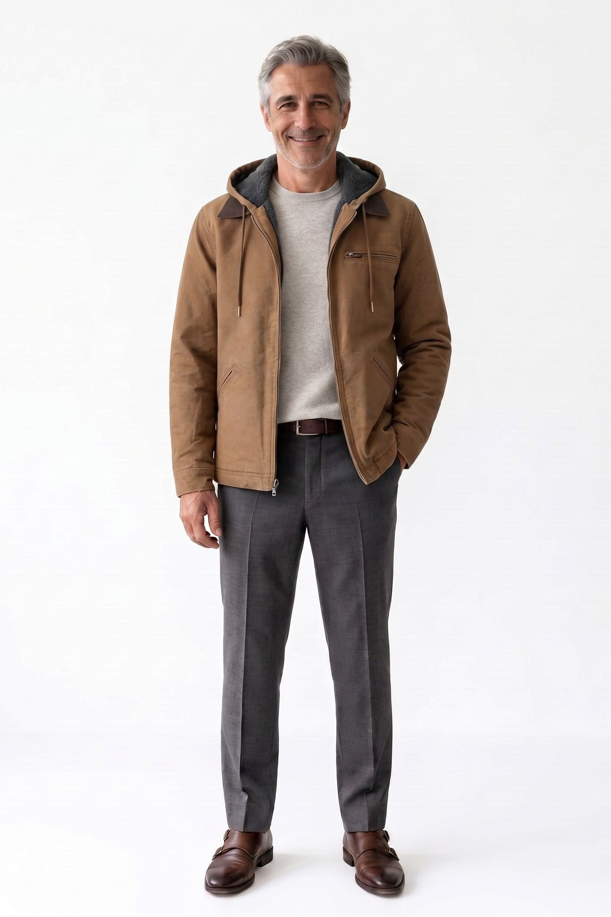 Men's Hooded Canvas Jacket | Front Zip — Brown — front view — on model