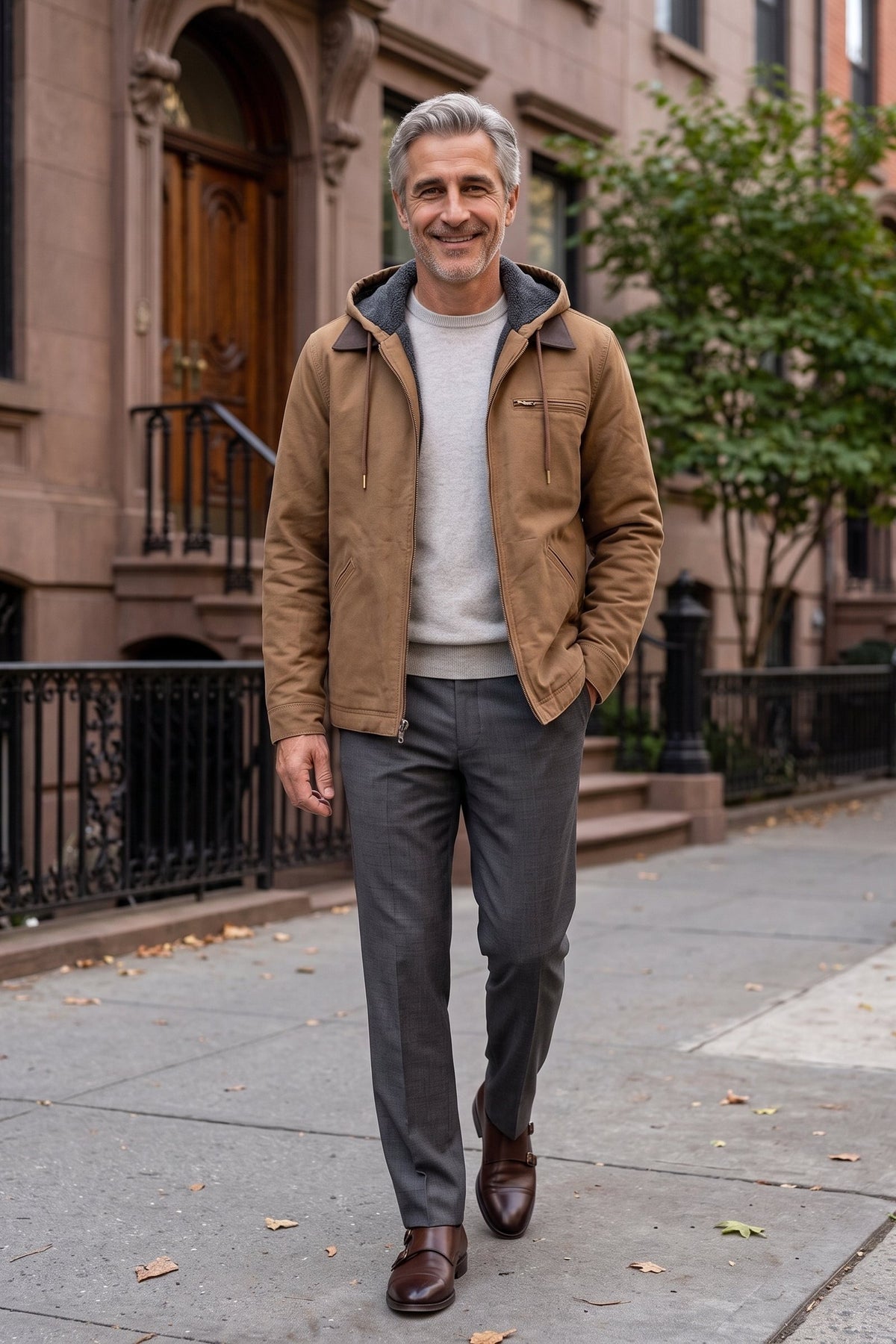 Men's Hooded Canvas Jacket | Front Zip — Brown — lifestyle — on model