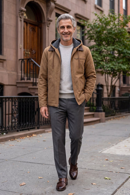 Men's Hooded Canvas Jacket | Front Zip — Brown — lifestyle — on model