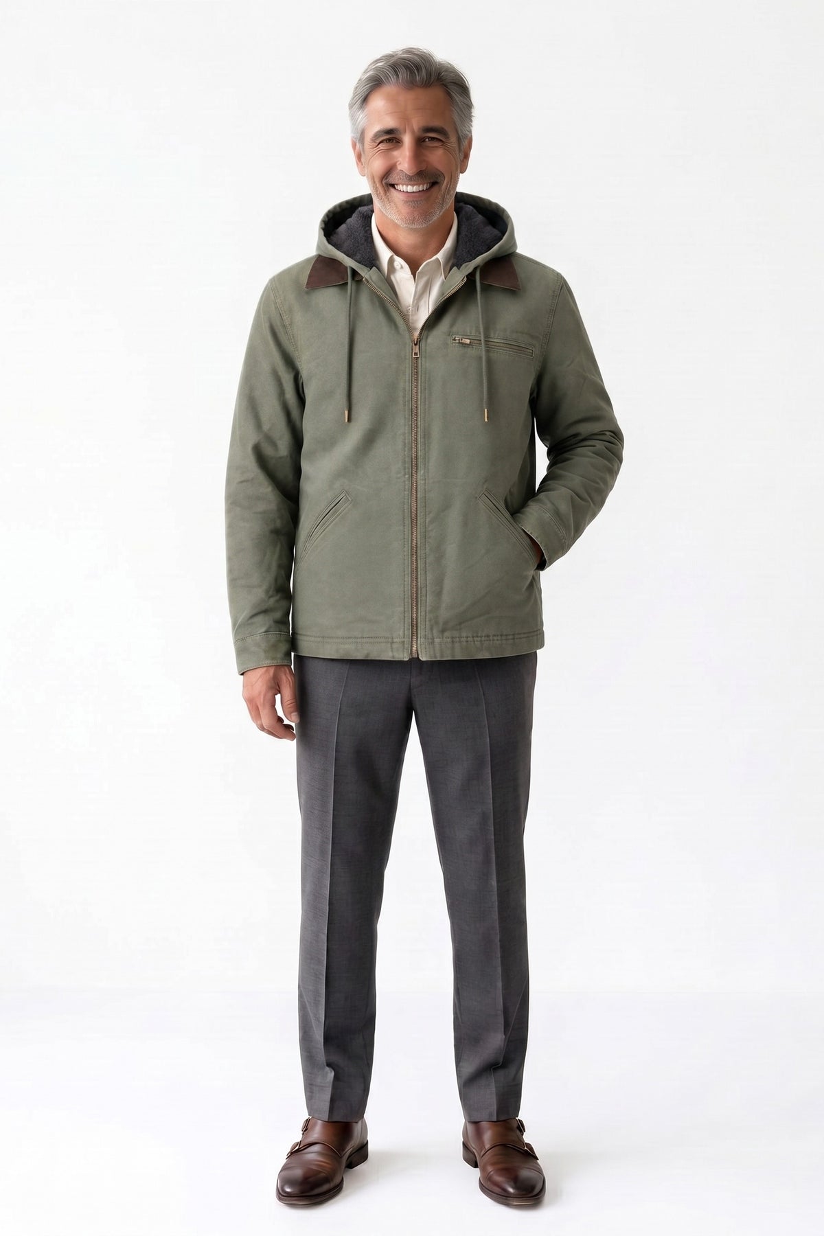 Men's Hooded Canvas Jacket | Front Zip — Green — front view — on model