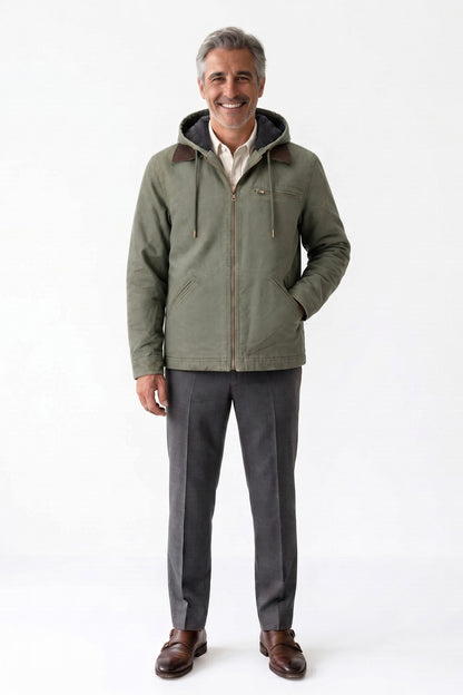 Men's Hooded Canvas Jacket | Front Zip — Green — front view — on model