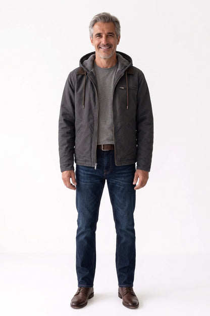 Men's Hooded Canvas Jacket | Front Zip — Grey — front view — on model