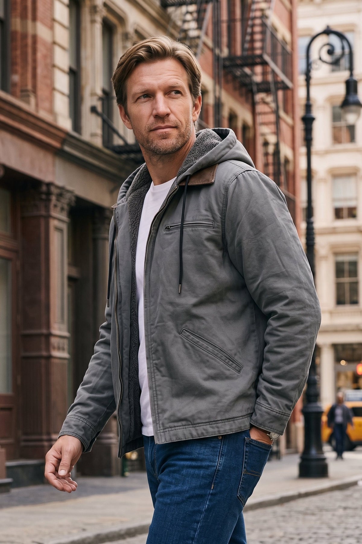 Men's Hooded Jacket | Zip Chest Pocket — Grey — lifestyle — on model
